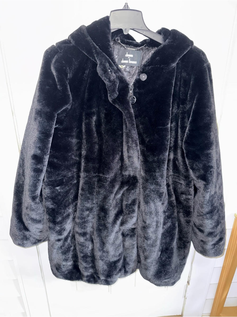 Dennis Basso Black Faux-Fur Hooded Coat Size 2xl